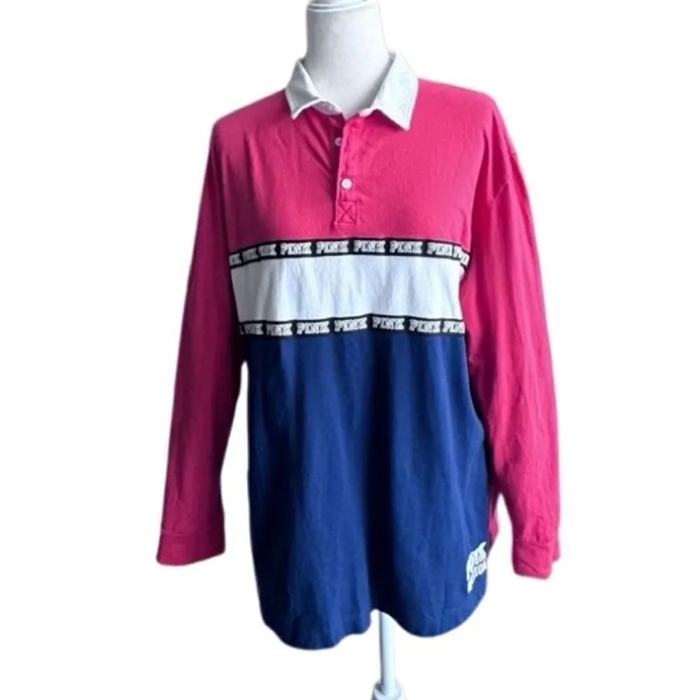 Victoria’s Secret Pink Polo Shirt Long Sleeve Red White Blue 100% Cotton SZ L